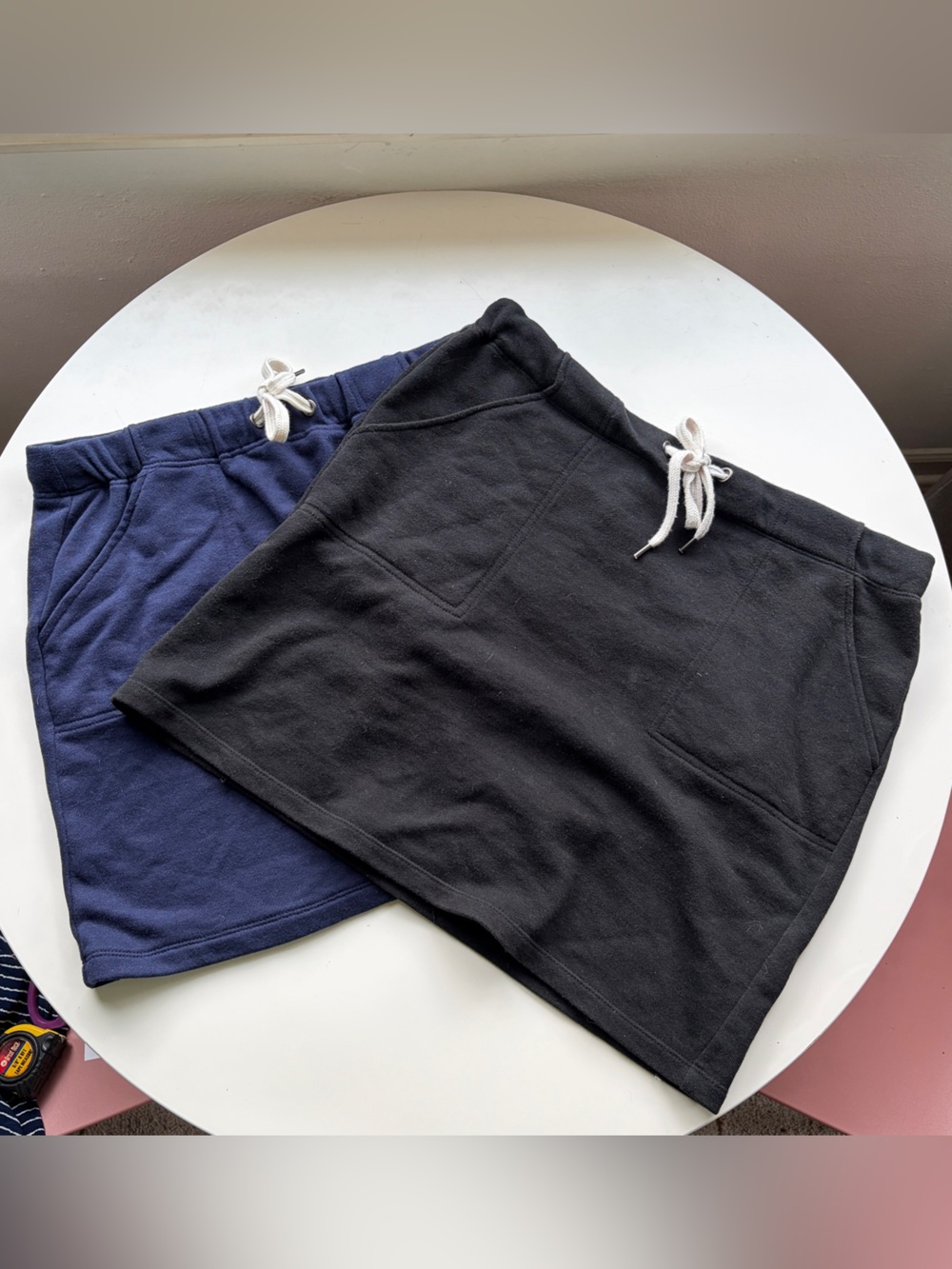 2-FOR-1! Cute Black & Navy Drawstring Mini Fleece Skirts with Pockets! EUC!